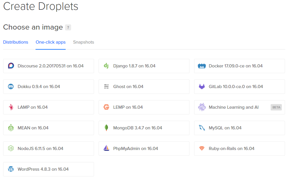 One-click-apps disponibles sur Digital Ocean - LEMP, Ghost, GitLab, Dokku, LAMP, MEAN, NodeJS, WordPress One-click-apps disponibles sur Digital Ocean - Sélectionner LEMP