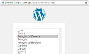 Fenêtre d'installation de WordPress